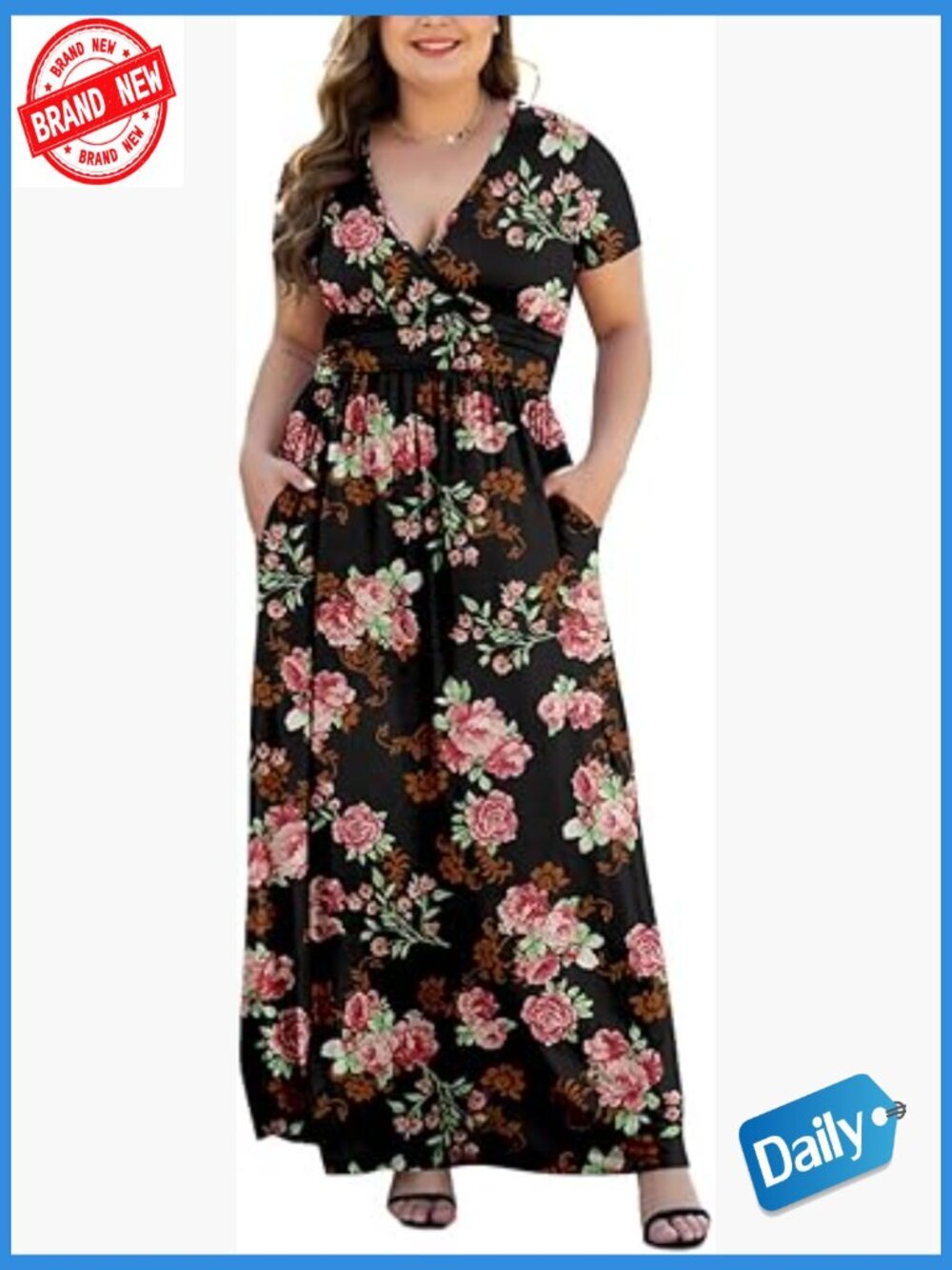 Plus Size Maxi Dress with Pockets V-Neck Short Sleeve L-5XL